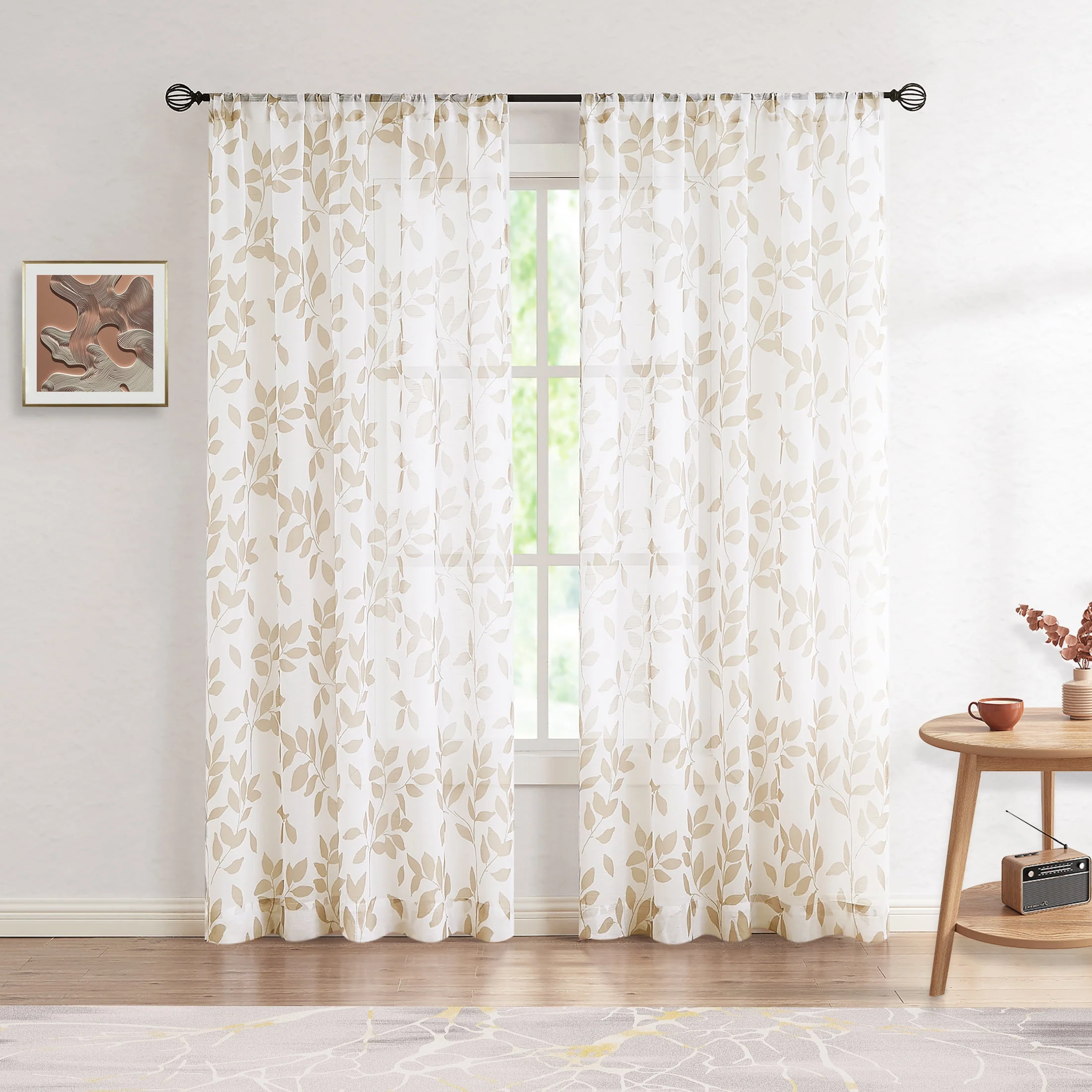 Exultantex Linen Texture Leaf Botanical Rod Pocket Sheer Curtain,50"W x 84"L,2 Panels,Grey